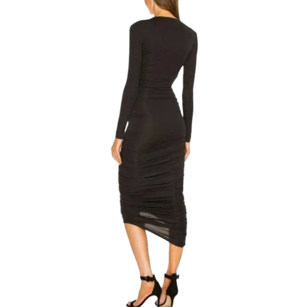 Michael Costello x Revolve Kylee Ruched Asymmetrical Black Midi Dress NWT - Picture 2 of 7